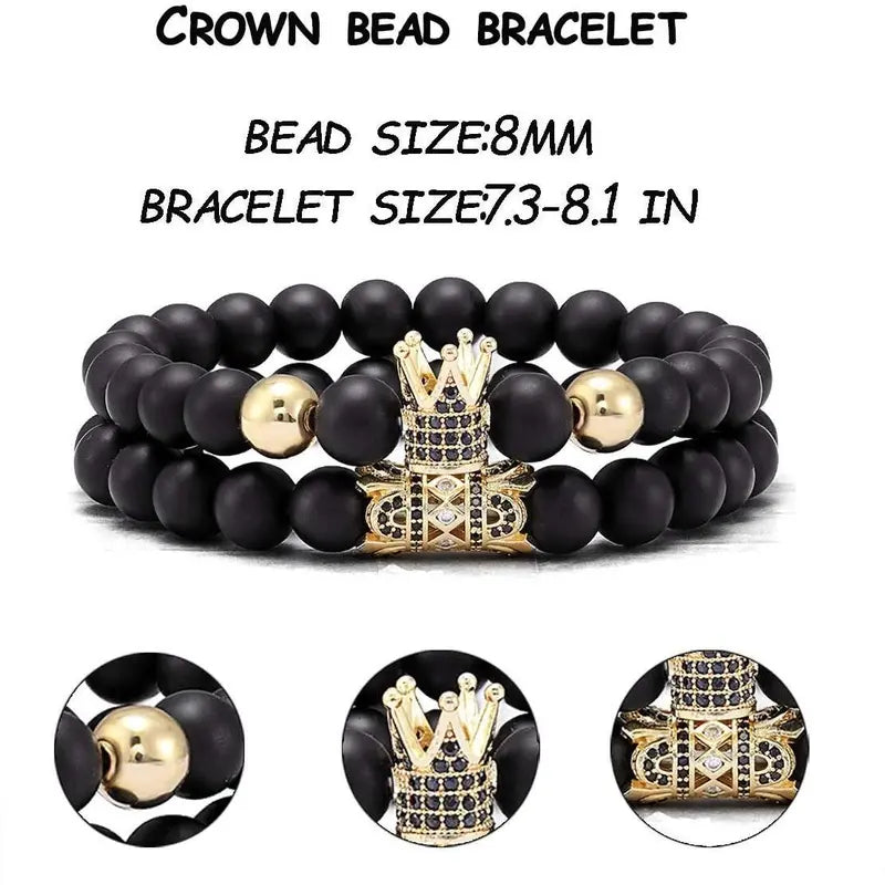 4 Pcs Crown King Bracelets for Men Black Matte Onyx Cool Natural Stone Bracelets Set