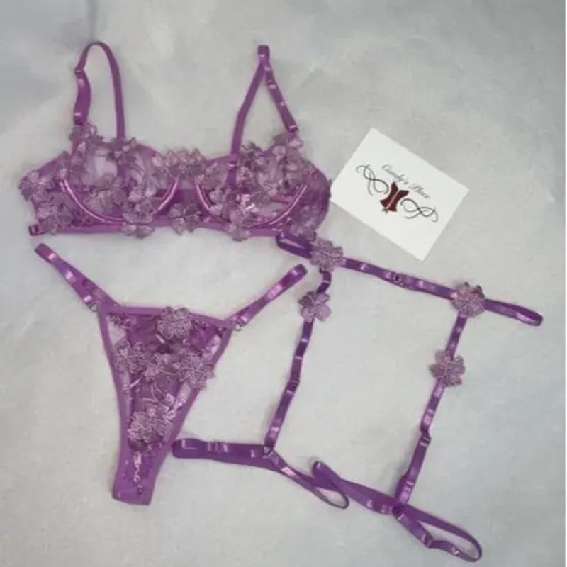 Floral Embroidery Semi Sheer Lingerie Set, Underwire Intimates Bra & Garter Belt & Thong, Women'S Sexy Lingerie & Underwear