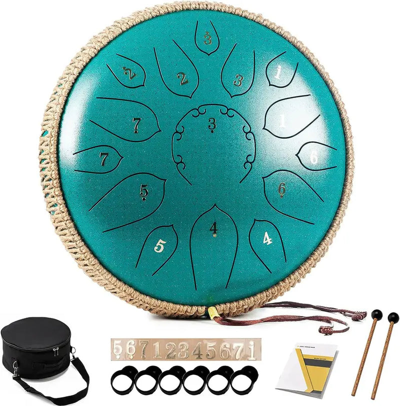 Steel Tongue Drum - 15 Note 12 Inch Tongue Drums - Percussion Instruments - Hand Pan Drum with Music Book, Drum Mallets and Carry Bag, D Major, Malachite Green