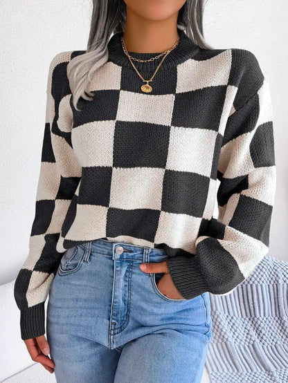 Plaid Print Drop Shoulder Longsleeves Crewneck Sweater, Lady Street Long Sleeve round Neck Jumper, Comfort Knitting Womenswear, Sweaters for Women