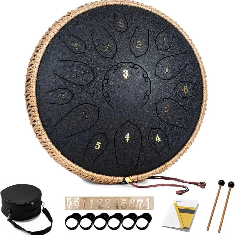 Steel Tongue Drum - 15 Note 12 Inch Tongue Drums - Percussion Instruments - Hand Pan Drum with Music Book, Drum Mallets and Carry Bag, D Major, Malachite Green