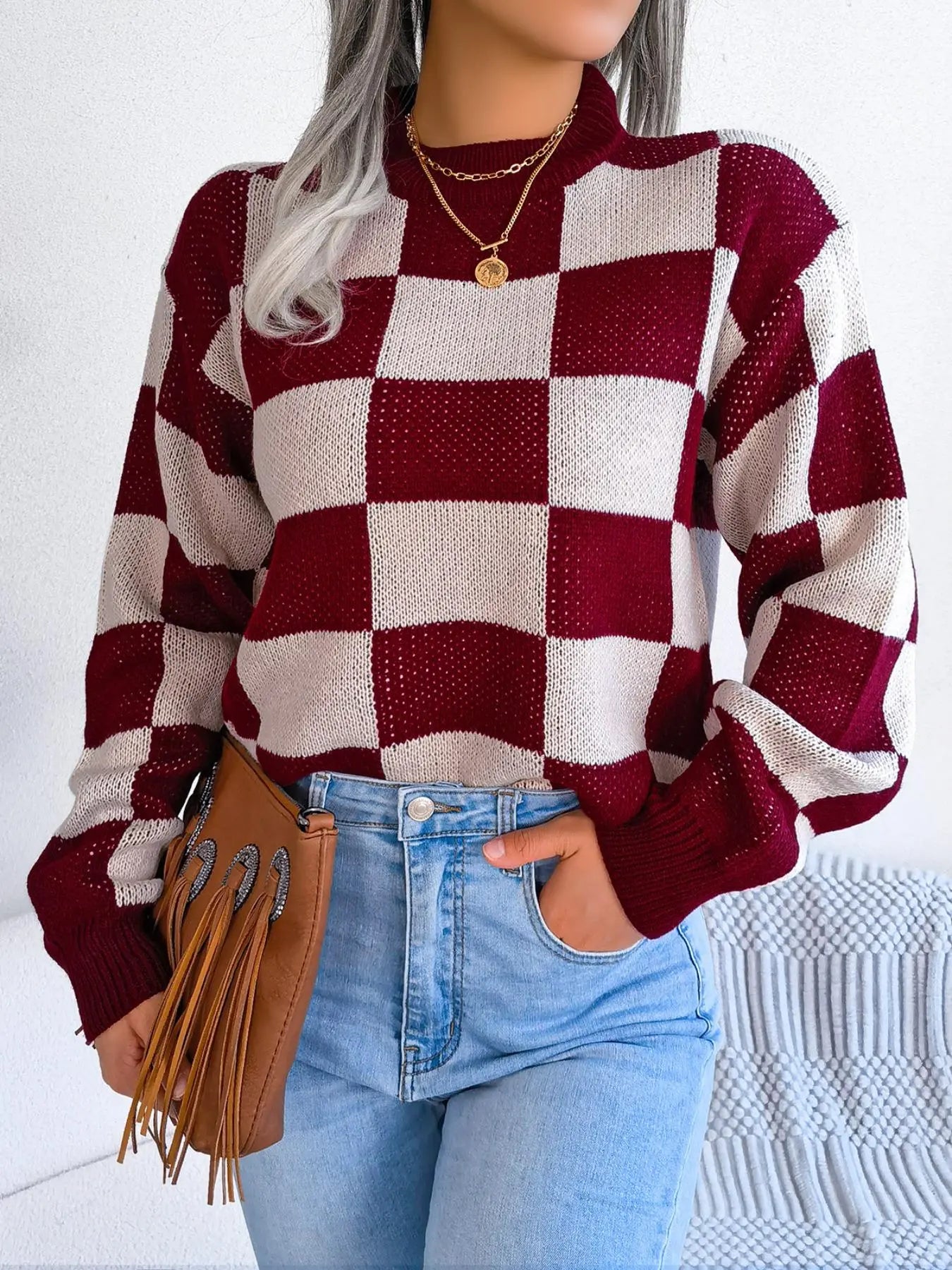 Plaid Print Drop Shoulder Longsleeves Crewneck Sweater, Lady Street Long Sleeve round Neck Jumper, Comfort Knitting Womenswear, Sweaters for Women