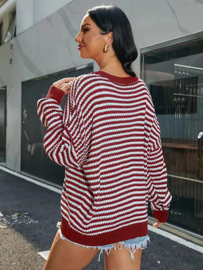 Women'S Striped Print Crewneck Knitting Sweater, Casual Comfort Long Sleeve round Neck Jumper, Going Out Tops, Sweaters for Women, Knitting Womenswear, Women'S Back to School Clothes