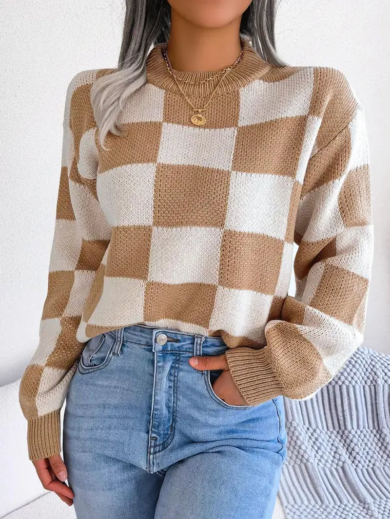 Plaid Print Drop Shoulder Longsleeves Crewneck Sweater, Lady Street Long Sleeve round Neck Jumper, Comfort Knitting Womenswear, Sweaters for Women