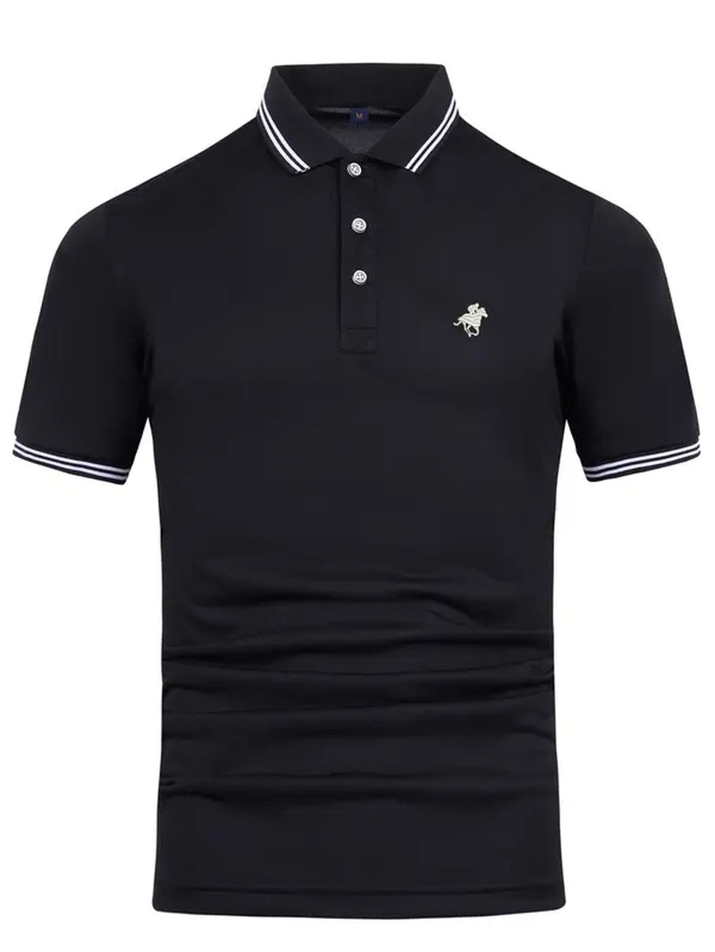 New Business Leisure Embroidered Lapel Polo Shirt, Summer Clothes Horse & Eagle & Deer Animal Embroidered Lapel T-Shirt, Striped Print Drop Shoulder Short Sleeve Top for Men, Business Comfy Breathable Knitting Top for Summer Golf Going Out, Men'S Clothing