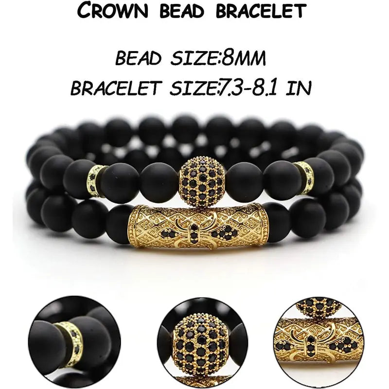 4 Pcs Crown King Bracelets for Men Black Matte Onyx Cool Natural Stone Bracelets Set