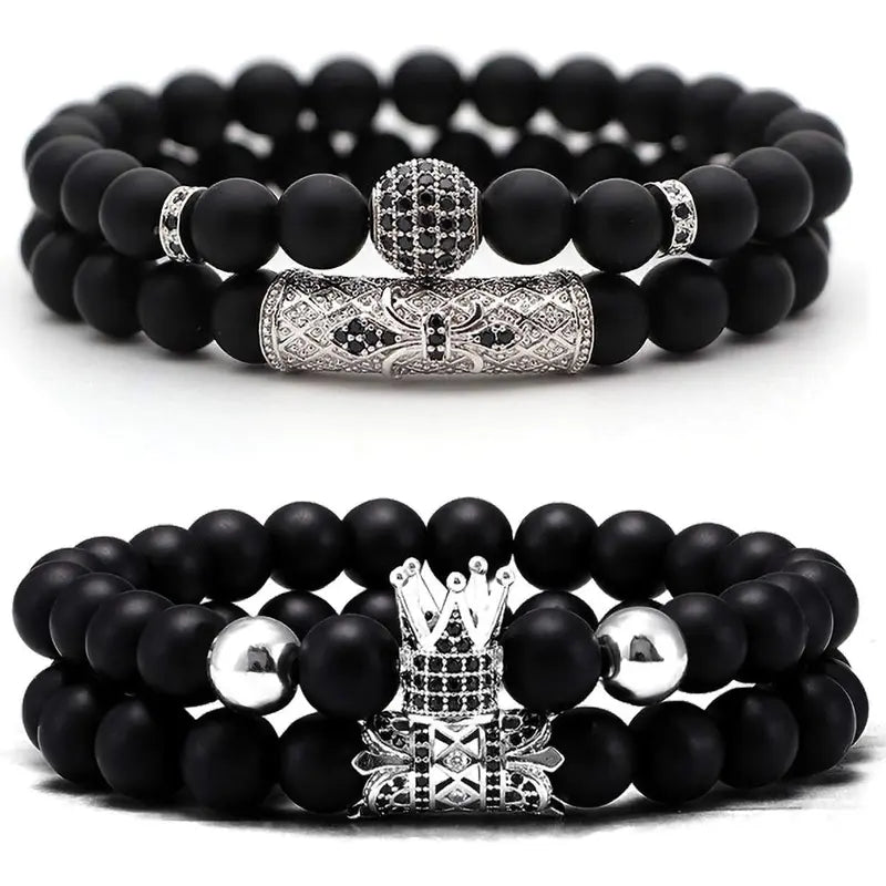 4 Pcs Crown King Bracelets for Men Black Matte Onyx Cool Natural Stone Bracelets Set