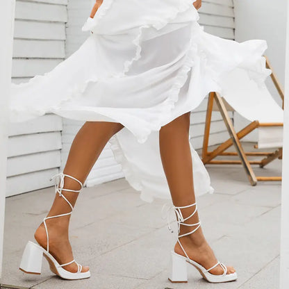 WETKISS(ISNOM Series) Lace up Heels for Women Platform Heels, Low Chunky Heel Strappy Heels for Women with Square Toe