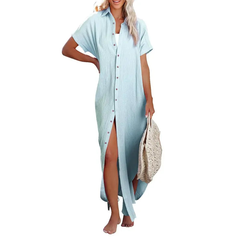 Dokotoo Womens Casual Short Sleeve Side Split Button down Long Kimonos Cardigans Swimsuit Cover Ups