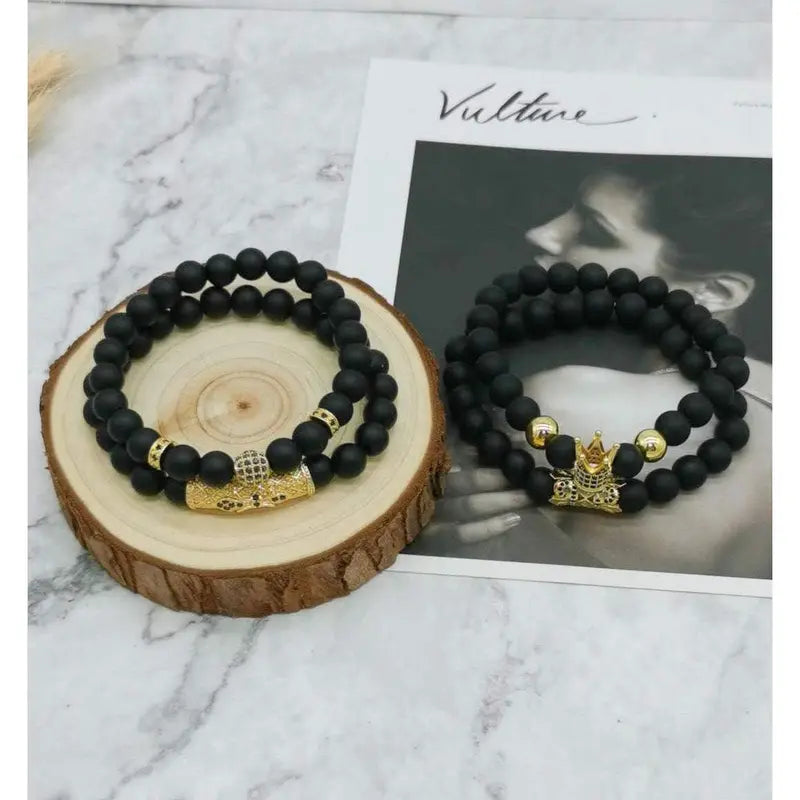 4 Pcs Crown King Bracelets for Men Black Matte Onyx Cool Natural Stone Bracelets Set