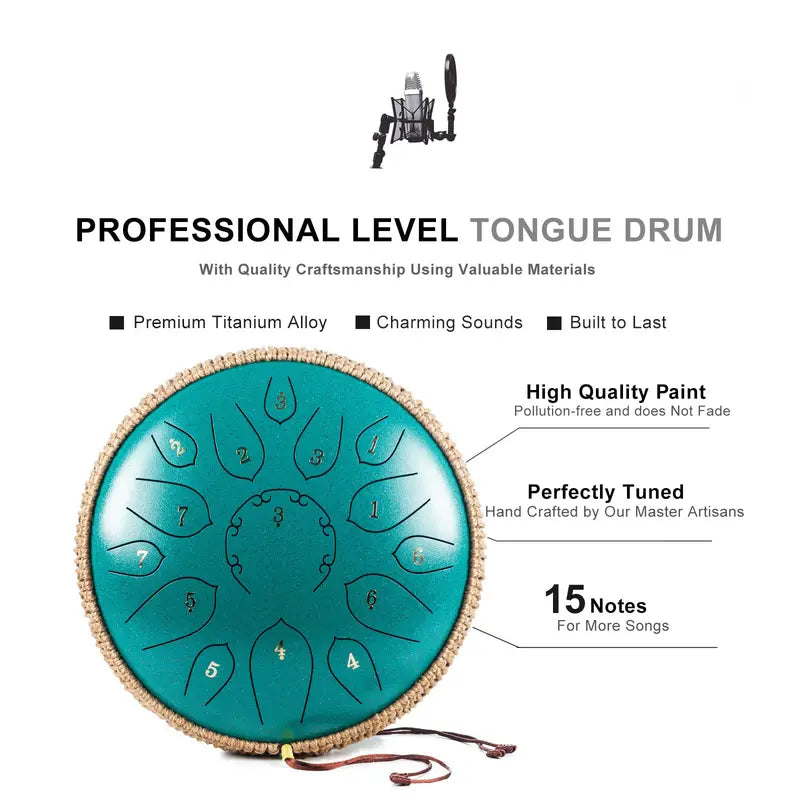 Steel Tongue Drum - 15 Note 12 Inch Tongue Drums - Percussion Instruments - Hand Pan Drum with Music Book, Drum Mallets and Carry Bag, D Major, Malachite Green