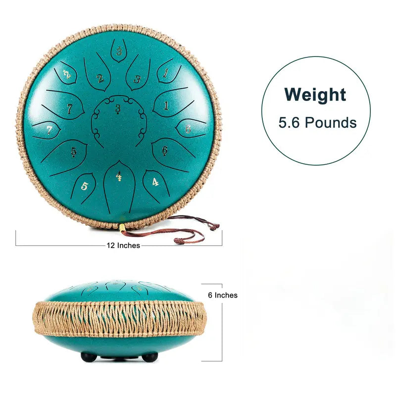 Steel Tongue Drum - 15 Note 12 Inch Tongue Drums - Percussion Instruments - Hand Pan Drum with Music Book, Drum Mallets and Carry Bag, D Major, Malachite Green