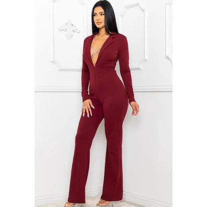 Rhinstone Criss-Cross Strap Jumpsuit with Deep V-Neck and Long Sleeves Womenswear