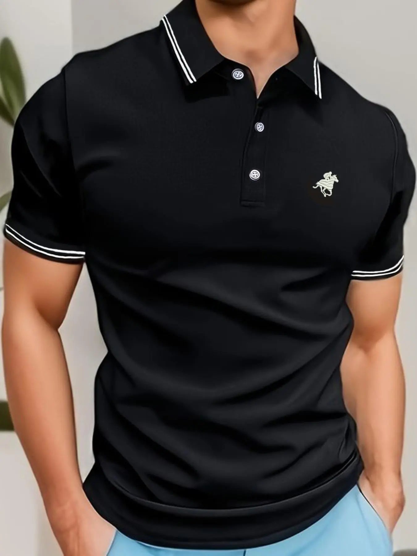 New Business Leisure Embroidered Lapel Polo Shirt, Summer Clothes Horse & Eagle & Deer Animal Embroidered Lapel T-Shirt, Striped Print Drop Shoulder Short Sleeve Top for Men, Business Comfy Breathable Knitting Top for Summer Golf Going Out, Men'S Clothing