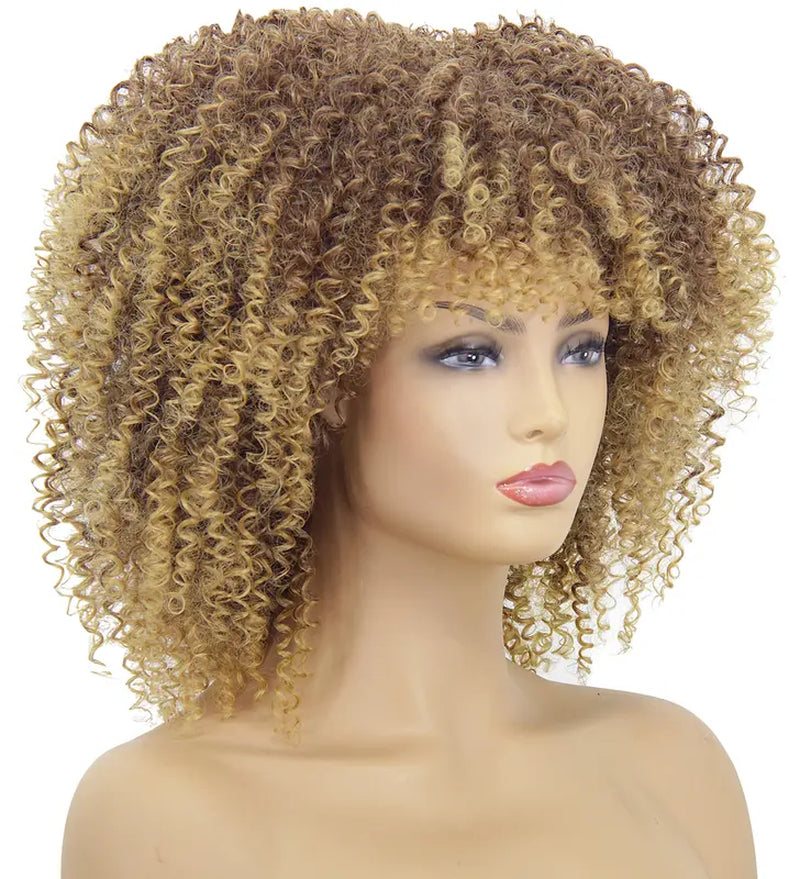 Short Afro Curly Wigs for Black Women, Ombre Blonde Kinky Curly Fluffy Hair Wig with Bangs, Cute Fashion Natural Looking Heat Resistant Full Synthetic Wig for Daily Party A053