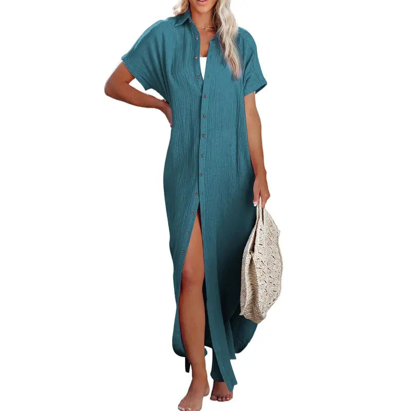 Dokotoo Womens Casual Short Sleeve Side Split Button down Long Kimonos Cardigans Swimsuit Cover Ups