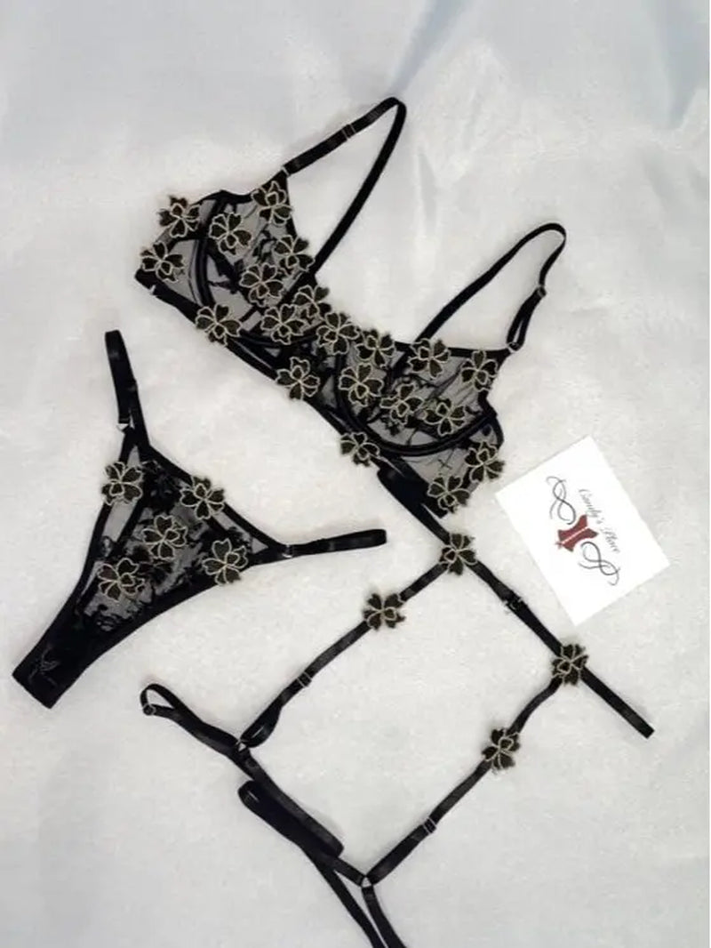 Floral Embroidery Semi Sheer Lingerie Set, Underwire Intimates Bra & Garter Belt & Thong, Women'S Sexy Lingerie & Underwear