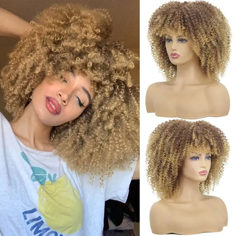 Short Afro Curly Wigs for Black Women, Ombre Blonde Kinky Curly Fluffy Hair Wig with Bangs, Cute Fashion Natural Looking Heat Resistant Full Synthetic Wig for Daily Party A053