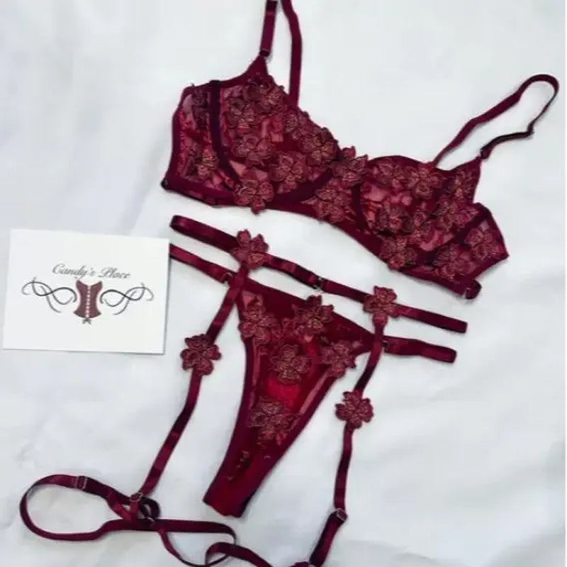 Floral Embroidery Semi Sheer Lingerie Set, Underwire Intimates Bra & Garter Belt & Thong, Women'S Sexy Lingerie & Underwear