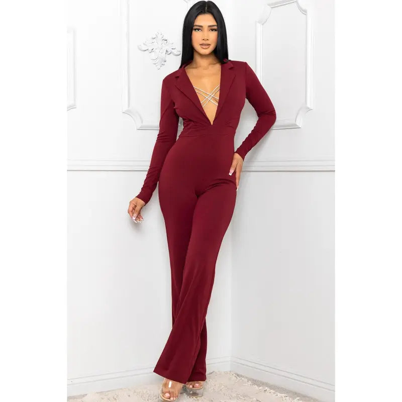 Rhinstone Criss-Cross Strap Jumpsuit with Deep V-Neck and Long Sleeves Womenswear