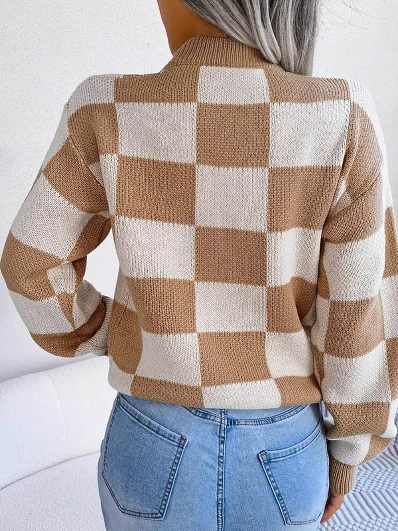 Plaid Print Drop Shoulder Longsleeves Crewneck Sweater, Lady Street Long Sleeve round Neck Jumper, Comfort Knitting Womenswear, Sweaters for Women