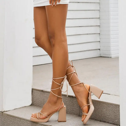 WETKISS(ISNOM Series) Lace up Heels for Women Platform Heels, Low Chunky Heel Strappy Heels for Women with Square Toe