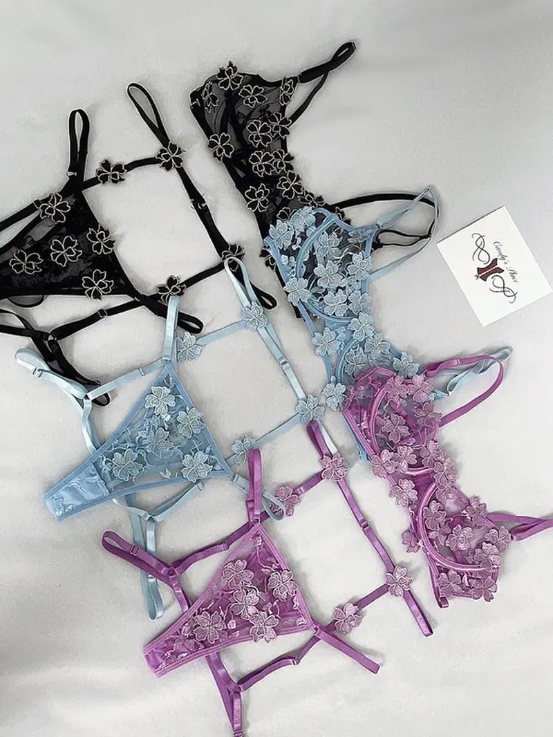 Floral Embroidery Semi Sheer Lingerie Set, Underwire Intimates Bra & Garter Belt & Thong, Women'S Sexy Lingerie & Underwear