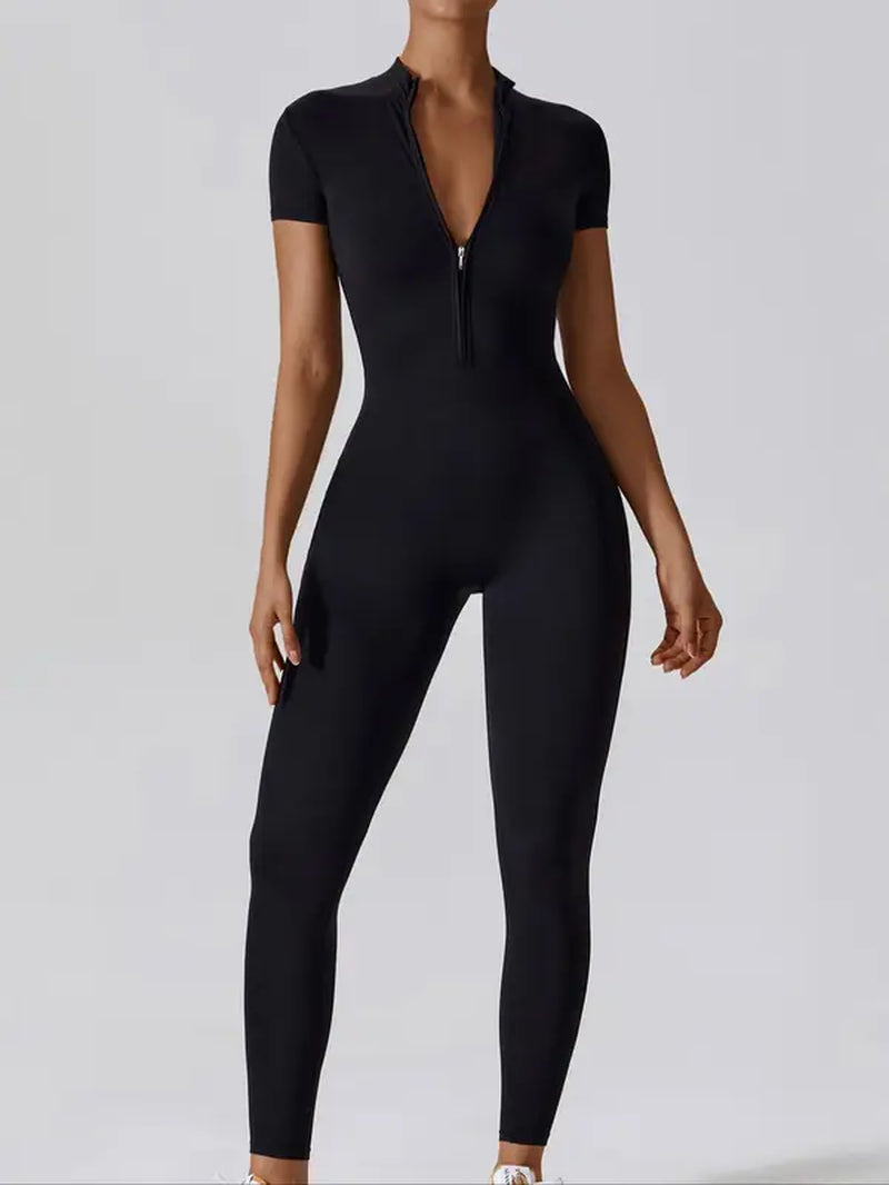 Women'S Basic Minimalist Plain Zipper up Mock Neck Bodysuit, Body Shapewear for Lady, Casual Comfort Breathable Shortsleeve Bodycon Jumpsuit One-Piece Outfit for Gym Workout Running, Ladies Summer Clothes, Womenswear