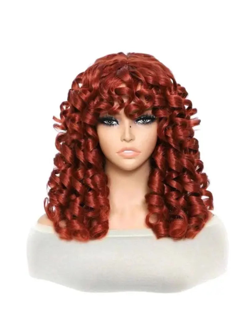 18 Inch Synthetic Heat Resistant Wigs, 1 Piece Curly Wigs with Bangs for Daily, Cosplay, Anime or Costume Party, Striking Natural Fluffy Hair Wigs with Bangs for Daily & Party Hairstyle Decoration