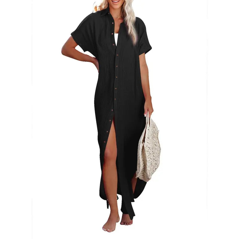 Dokotoo Womens Casual Short Sleeve Side Split Button down Long Kimonos Cardigans Swimsuit Cover Ups