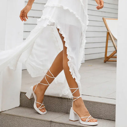 WETKISS(ISNOM Series) Lace up Heels for Women Platform Heels, Low Chunky Heel Strappy Heels for Women with Square Toe