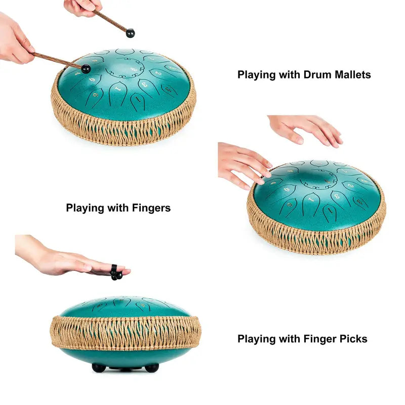 Steel Tongue Drum - 15 Note 12 Inch Tongue Drums - Percussion Instruments - Hand Pan Drum with Music Book, Drum Mallets and Carry Bag, D Major, Malachite Green