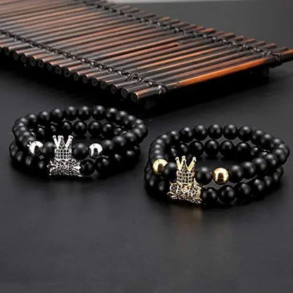 4 Pcs Crown King Bracelets for Men Black Matte Onyx Cool Natural Stone Bracelets Set