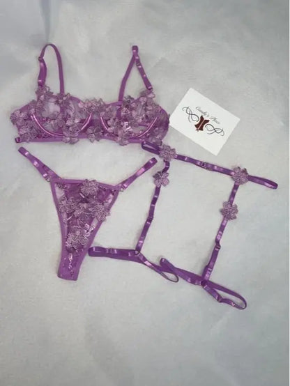 Floral Embroidery Semi Sheer Lingerie Set, Underwire Intimates Bra & Garter Belt & Thong, Women'S Sexy Lingerie & Underwear