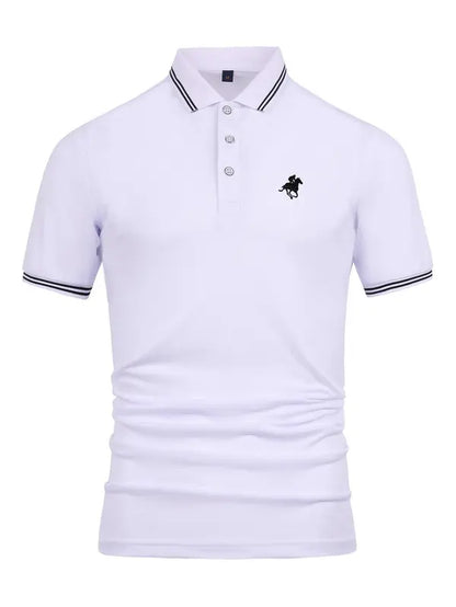 New Business Leisure Embroidered Lapel Polo Shirt, Summer Clothes Horse & Eagle & Deer Animal Embroidered Lapel T-Shirt, Striped Print Drop Shoulder Short Sleeve Top for Men, Business Comfy Breathable Knitting Top for Summer Golf Going Out, Men'S Clothing