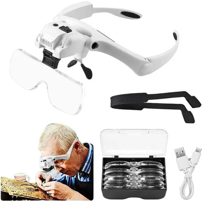 Esynic Headband Magnifying Glasses Rechargeable Head Magnifying Glass with Light 1.2X to 4.5X Headband Magnifier with 5 Leds &5 Detachable Lenses for Craft Work Reading Etc