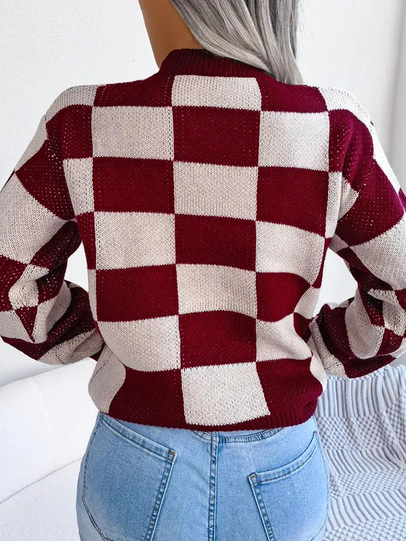 Plaid Print Drop Shoulder Longsleeves Crewneck Sweater, Lady Street Long Sleeve round Neck Jumper, Comfort Knitting Womenswear, Sweaters for Women