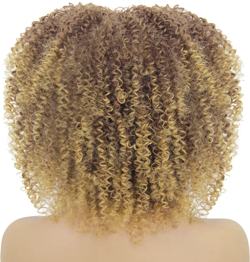 Short Afro Curly Wigs for Black Women, Ombre Blonde Kinky Curly Fluffy Hair Wig with Bangs, Cute Fashion Natural Looking Heat Resistant Full Synthetic Wig for Daily Party A053