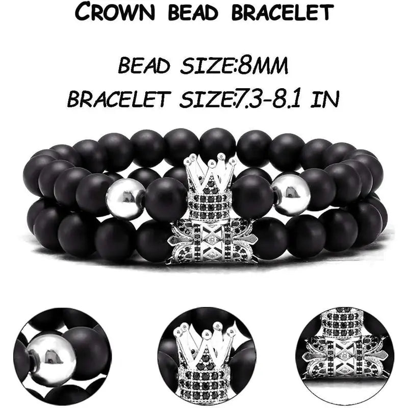 4 Pcs Crown King Bracelets for Men Black Matte Onyx Cool Natural Stone Bracelets Set