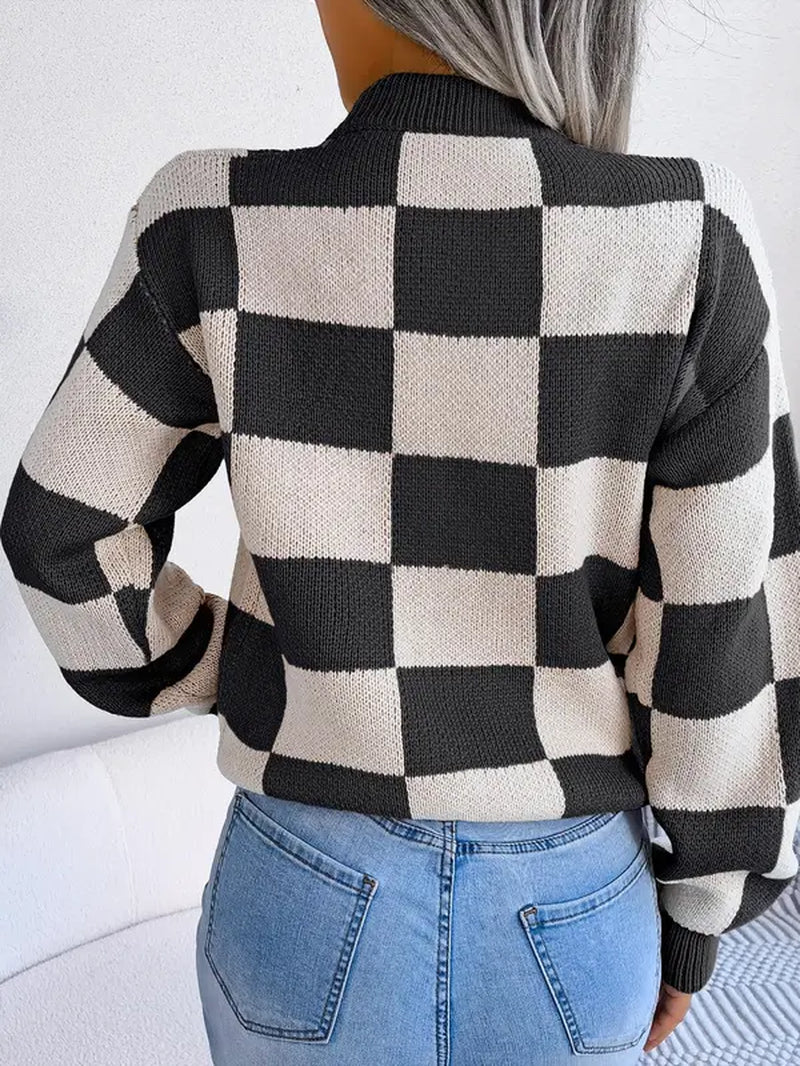 Plaid Print Drop Shoulder Longsleeves Crewneck Sweater, Lady Street Long Sleeve round Neck Jumper, Comfort Knitting Womenswear, Sweaters for Women