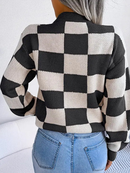 Plaid Print Drop Shoulder Longsleeves Crewneck Sweater, Lady Street Long Sleeve round Neck Jumper, Comfort Knitting Womenswear, Sweaters for Women