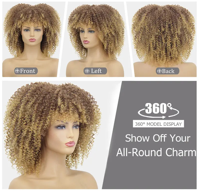 Short Afro Curly Wigs for Black Women, Ombre Blonde Kinky Curly Fluffy Hair Wig with Bangs, Cute Fashion Natural Looking Heat Resistant Full Synthetic Wig for Daily Party A053