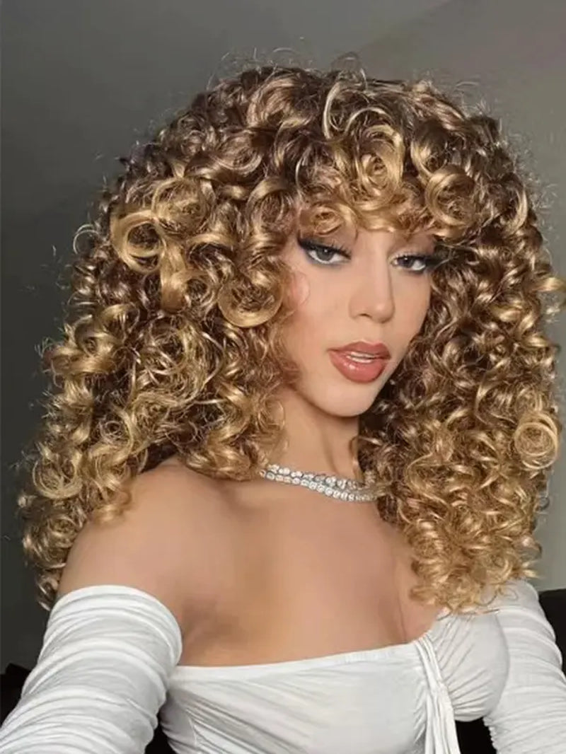 18 Inch Synthetic Heat Resistant Wigs, 1 Piece Curly Wigs with Bangs for Daily, Cosplay, Anime or Costume Party, Striking Natural Fluffy Hair Wigs with Bangs for Daily & Party Hairstyle Decoration