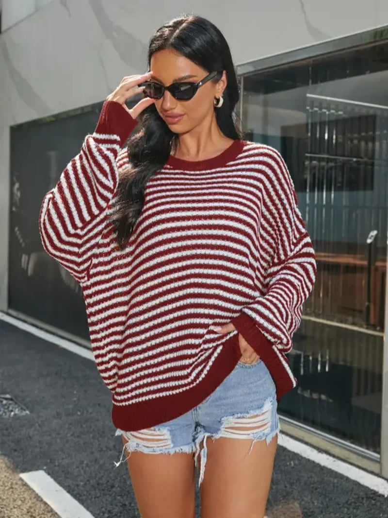 Women'S Striped Print Crewneck Knitting Sweater, Casual Comfort Long Sleeve round Neck Jumper, Going Out Tops, Sweaters for Women, Knitting Womenswear, Women'S Back to School Clothes