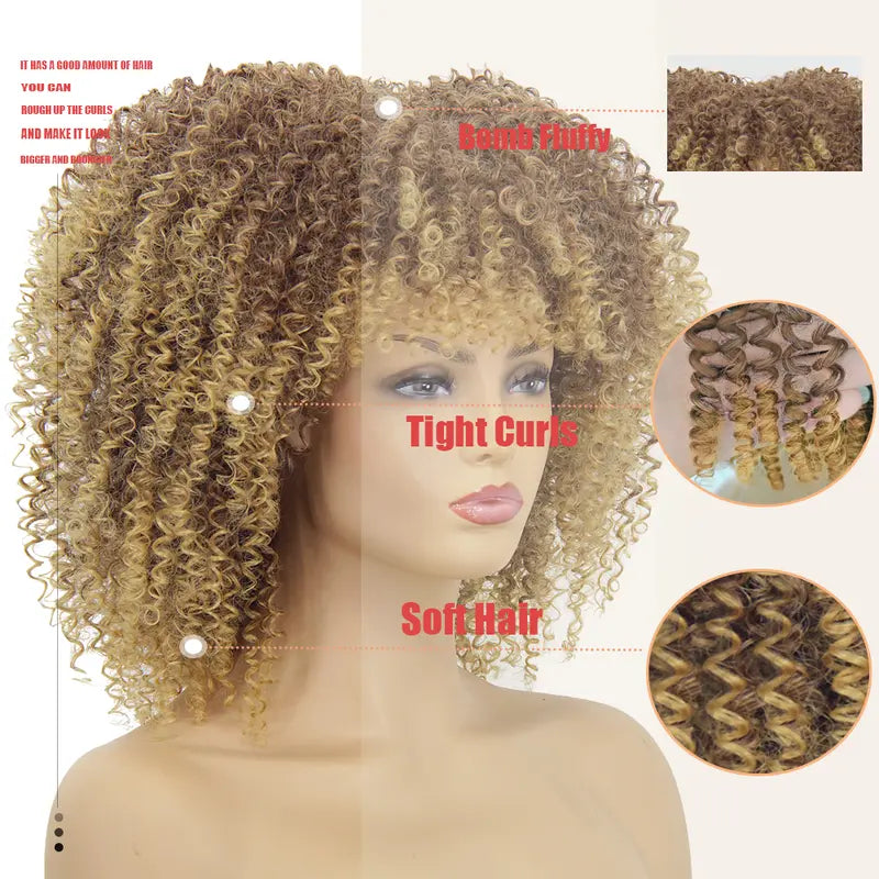 Short Afro Curly Wigs for Black Women, Ombre Blonde Kinky Curly Fluffy Hair Wig with Bangs, Cute Fashion Natural Looking Heat Resistant Full Synthetic Wig for Daily Party A053