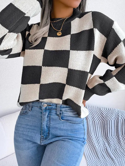 Plaid Print Drop Shoulder Longsleeves Crewneck Sweater, Lady Street Long Sleeve round Neck Jumper, Comfort Knitting Womenswear, Sweaters for Women