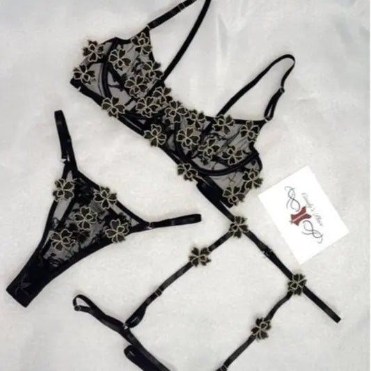 Floral Embroidery Semi Sheer Lingerie Set, Underwire Intimates Bra & Garter Belt & Thong, Women'S Sexy Lingerie & Underwear