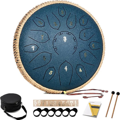 Steel Tongue Drum - 15 Note 12 Inch Tongue Drums - Percussion Instruments - Hand Pan Drum with Music Book, Drum Mallets and Carry Bag, D Major, Malachite Green