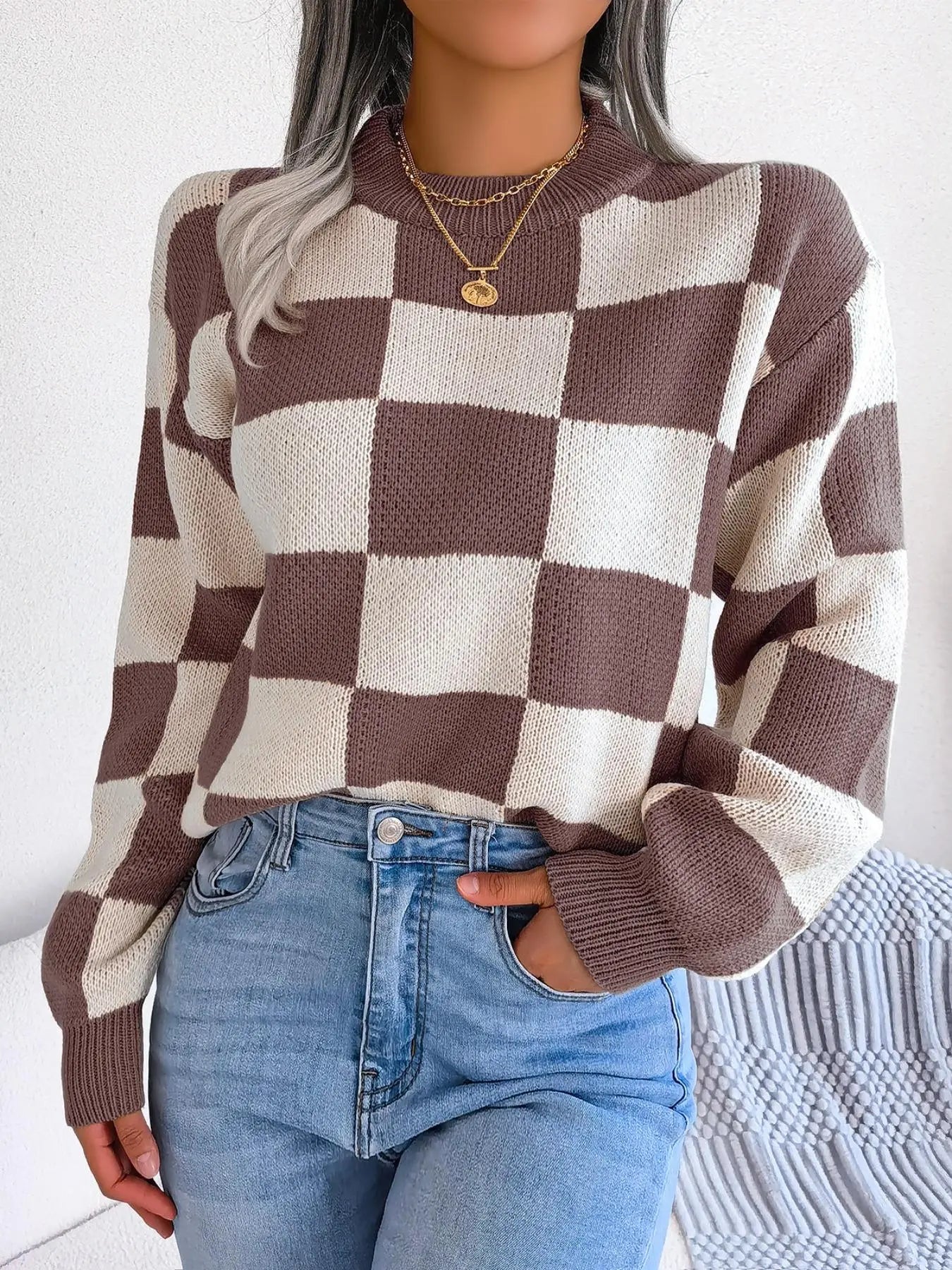 Plaid Print Drop Shoulder Longsleeves Crewneck Sweater, Lady Street Long Sleeve round Neck Jumper, Comfort Knitting Womenswear, Sweaters for Women