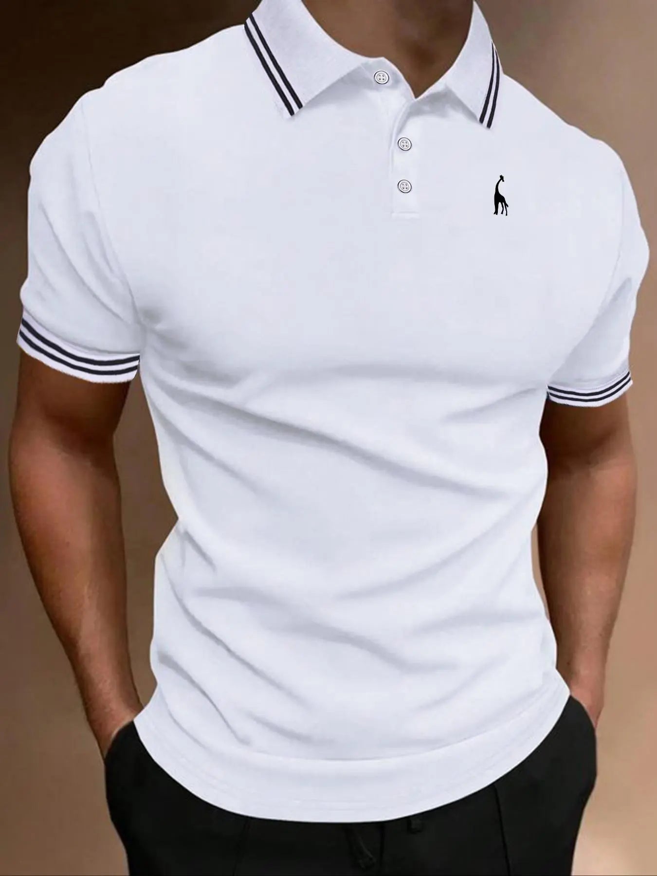 New Business Leisure Embroidered Lapel Polo Shirt, Summer Clothes Horse & Eagle & Deer Animal Embroidered Lapel T-Shirt, Striped Print Drop Shoulder Short Sleeve Top for Men, Business Comfy Breathable Knitting Top for Summer Golf Going Out, Men'S Clothing